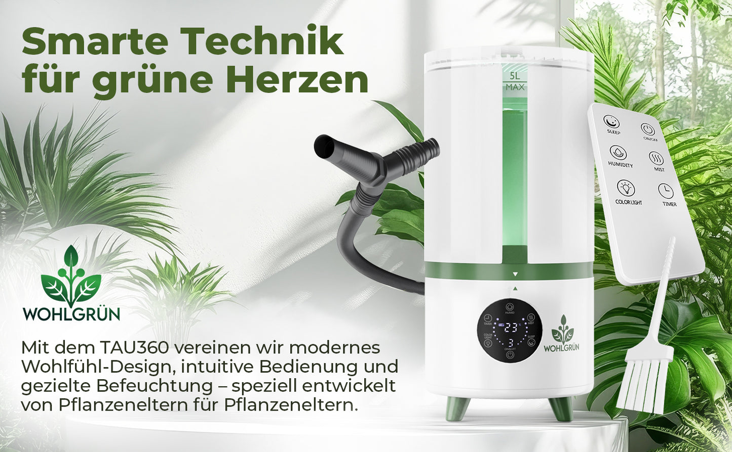 TAU360 Pflanzen-Luftbefeuchter | 360° Nebel | Smart Humidity Control | 5L Tank