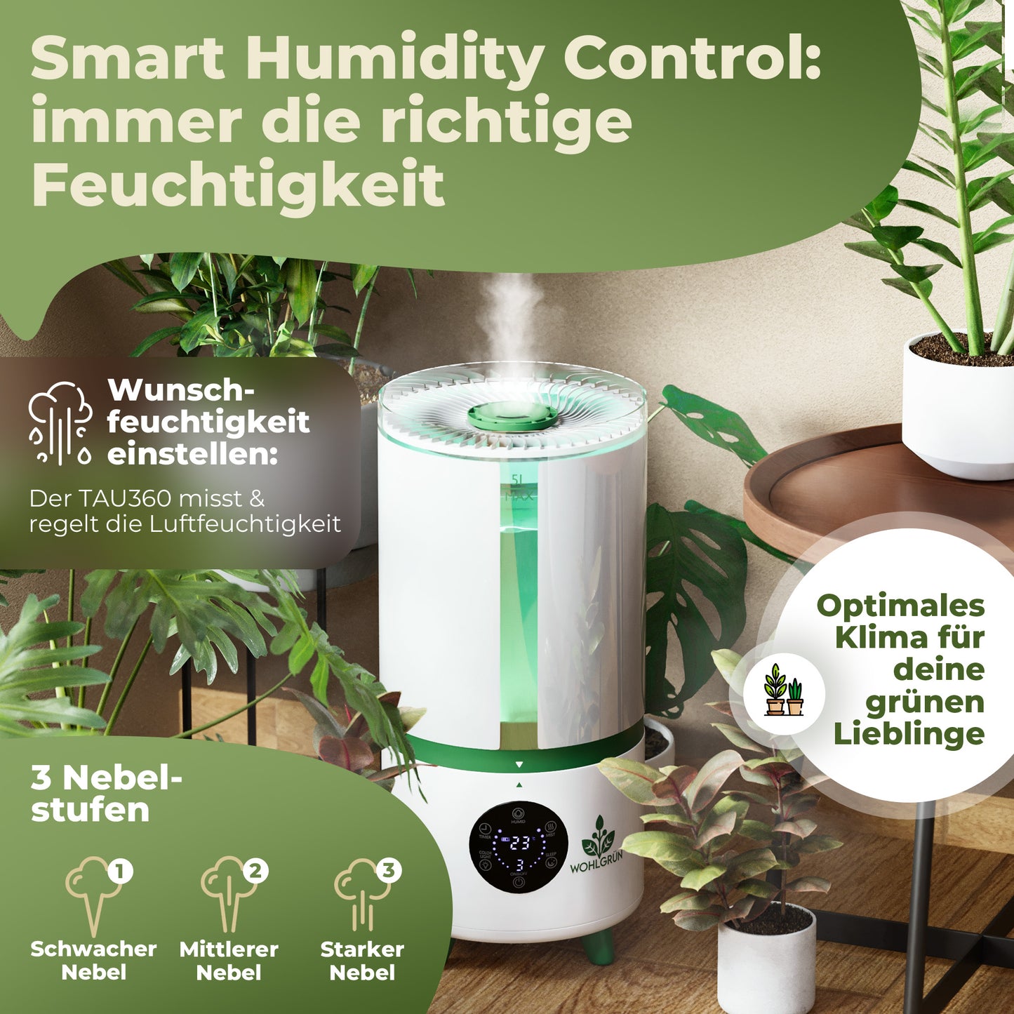TAU360 Pflanzen-Luftbefeuchter | 360° Nebel | Smart Humidity Control | 5L Tank