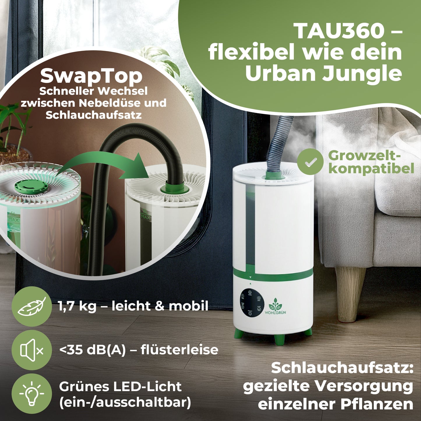 TAU360 Pflanzen-Luftbefeuchter | 360° Nebel | Smart Humidity Control | 5L Tank