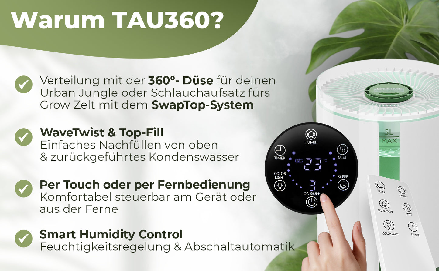 TAU360 Pflanzen-Luftbefeuchter | 360° Nebel | Smart Humidity Control | 5L Tank