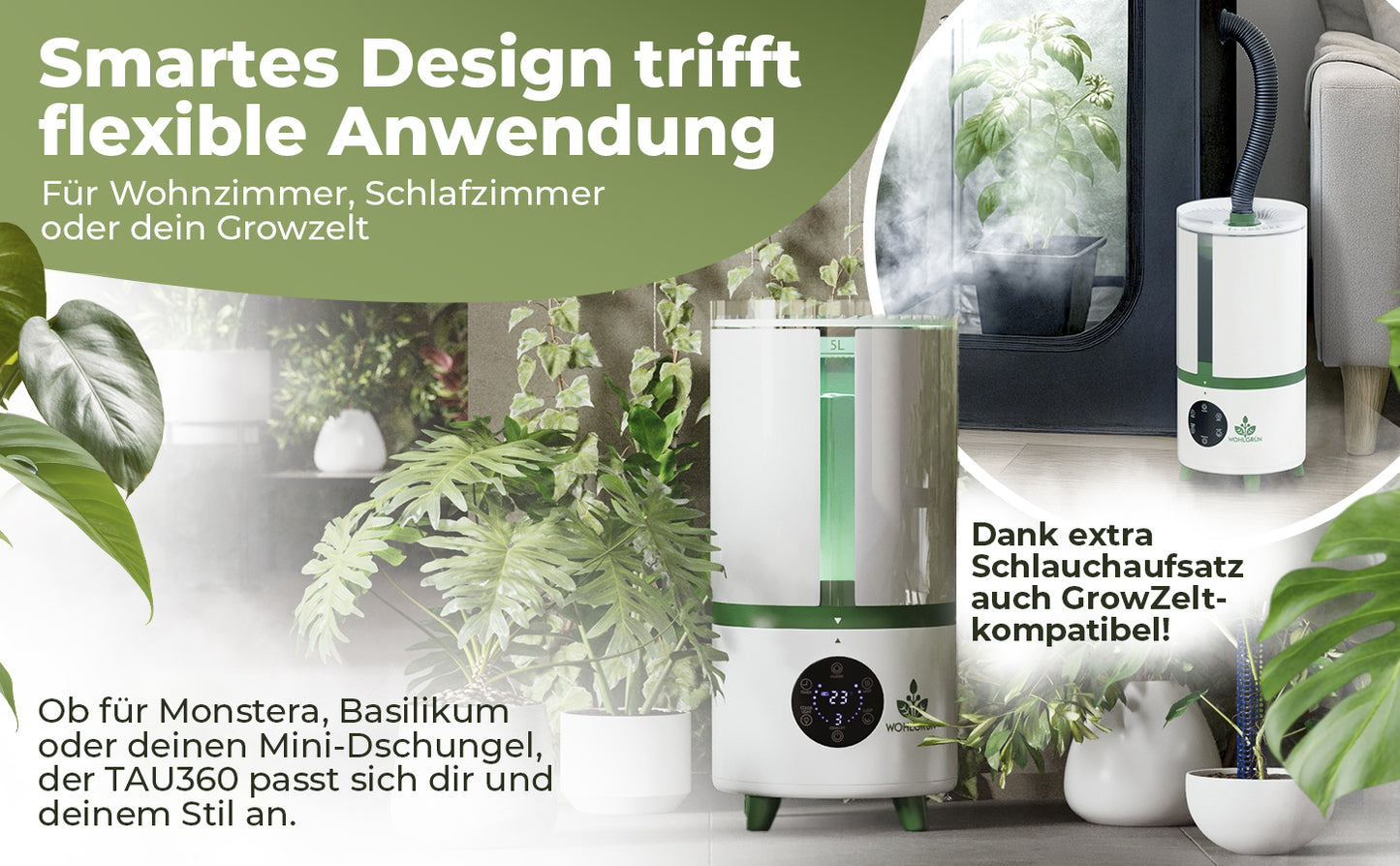 TAU360 Pflanzen-Luftbefeuchter | 360° Nebel | Smart Humidity Control | 5L Tank